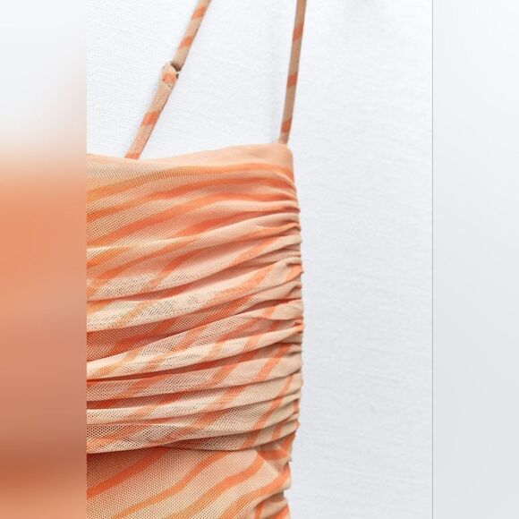 NWT ZARA STRAPLESS FLORALβDRESS Orange - Picture 9 of 16